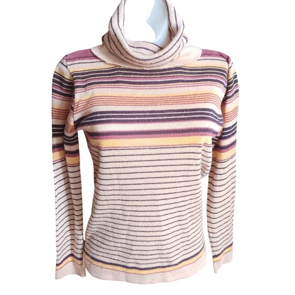 Medium Vintage Striped Turtleneck Boho Mom Sweater Avon Creslan Acrylic 1980's - Picture 2 of 7